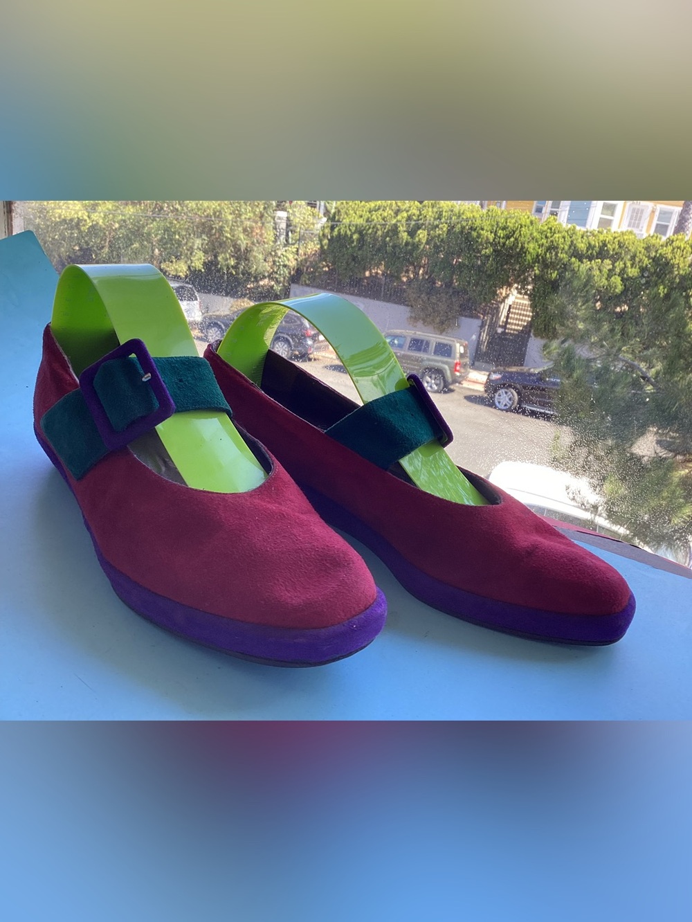 Vintage Sacha London Suede Mary Jane Flats in Burgundy green Purple